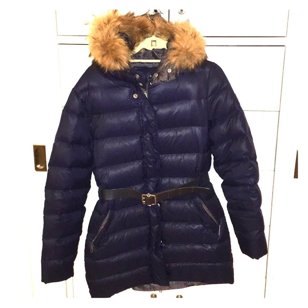 Navy Puffer with leather belt and furred hood